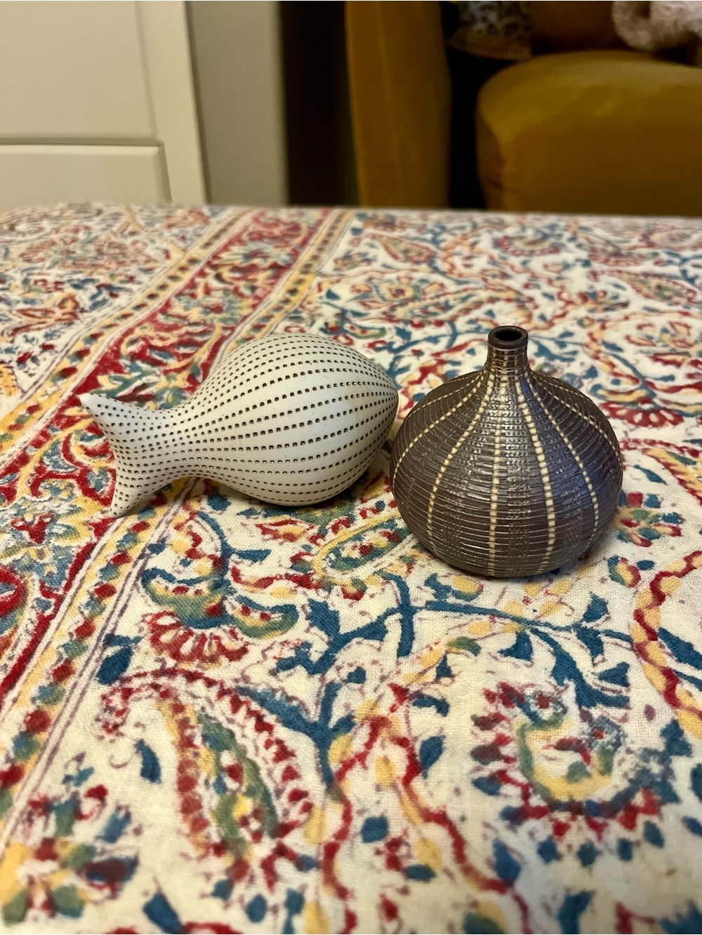 Decorative Ceramic Fish and Round Vase - White and Brown Accents